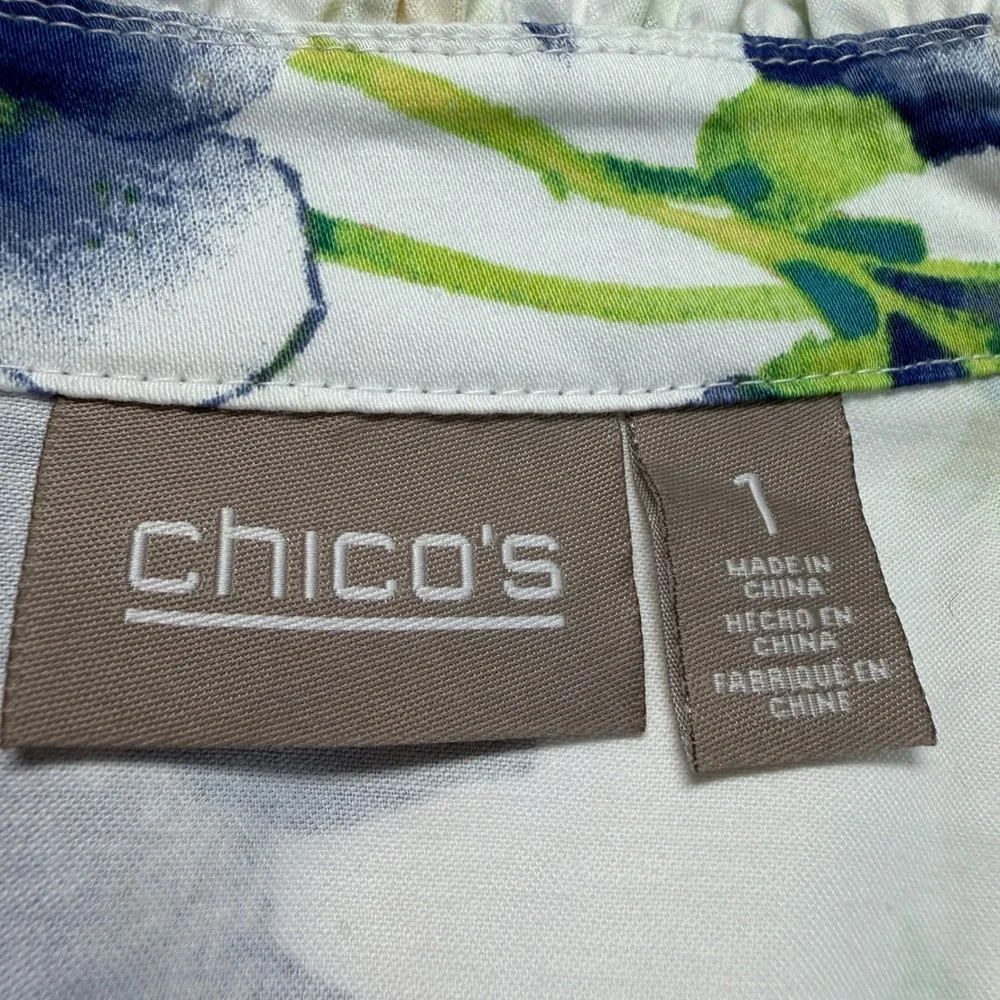 Chicos Size‎ 1 M Floral Ruffle Trim Open Front Jacket White Blue Pink Green